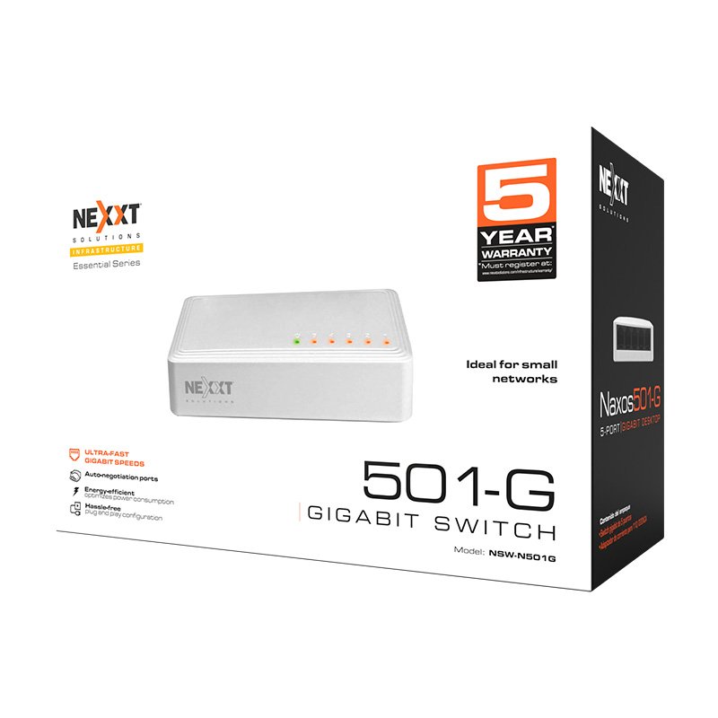 Caja del switch Nexxt Naxos501-G de 5 puertos Gigabit